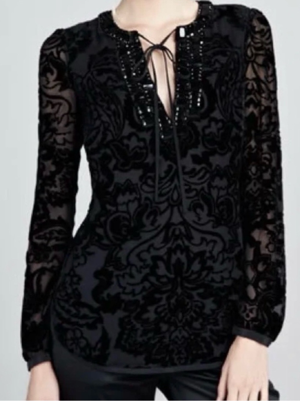 Tory Burch Black Burnout Velvet Lace-Up Long Sleeve Dress